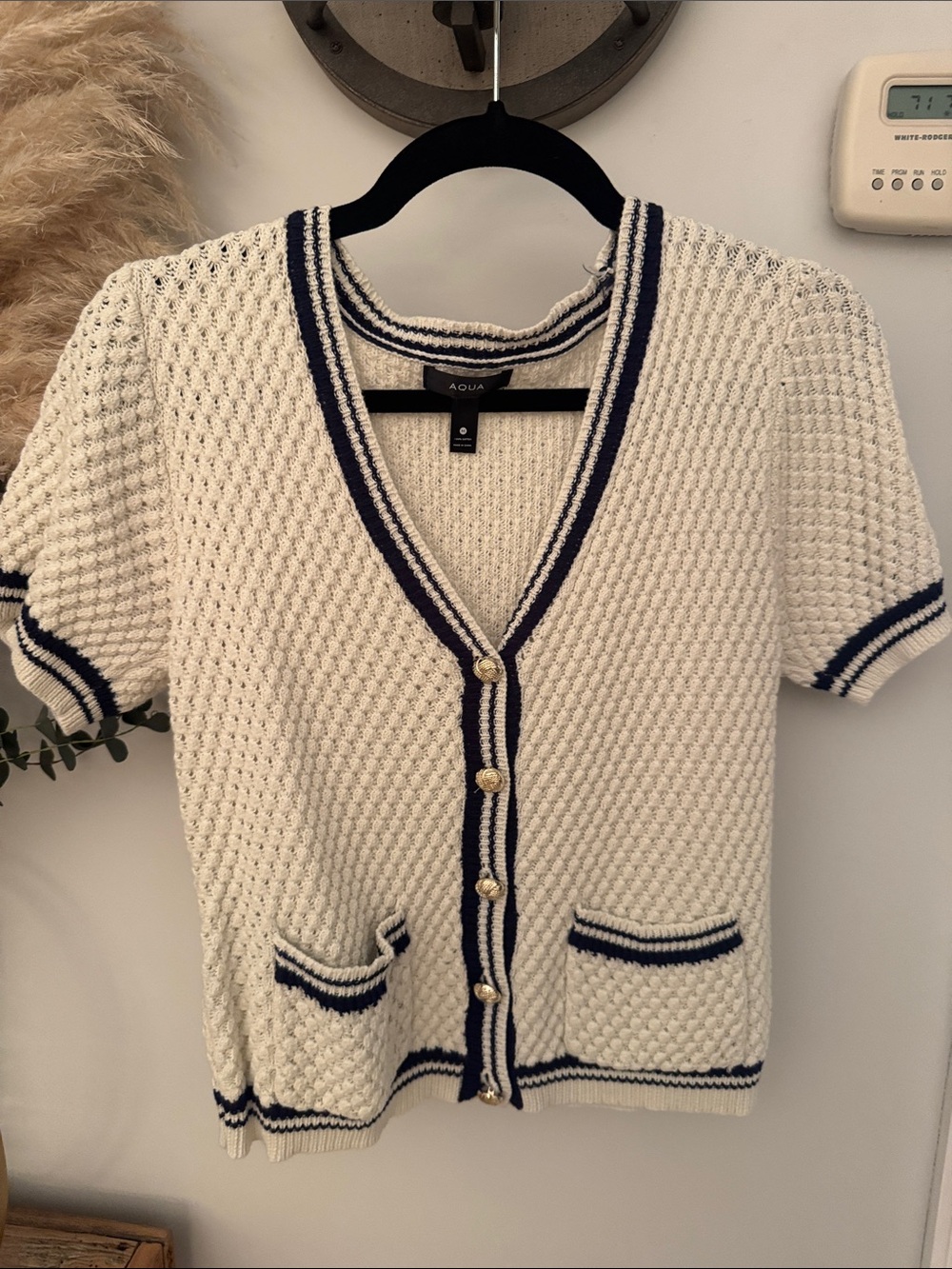 Aqua Cream Short-Sleeve V-Neck Cardigan with Navy Trim